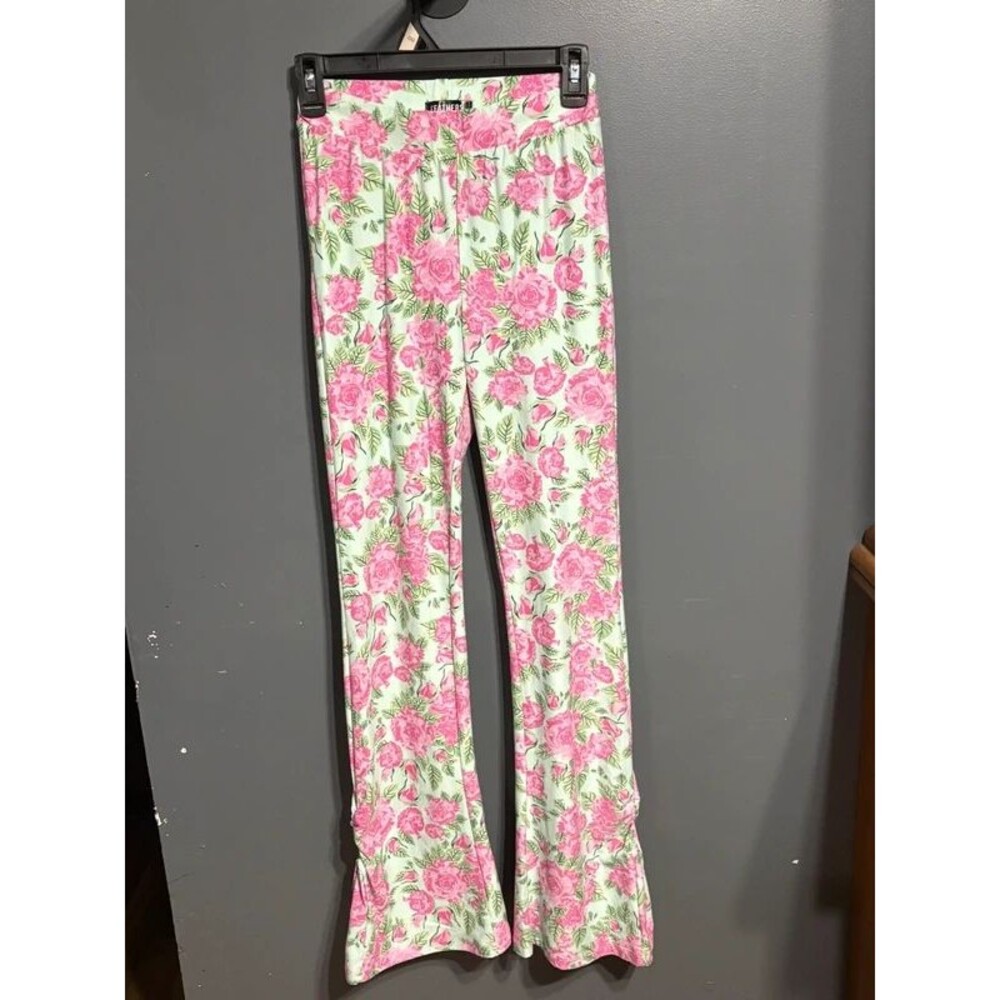 Feathers Pink Rose Floral Flare Pants Mint Green Bell Bottoms Size medium